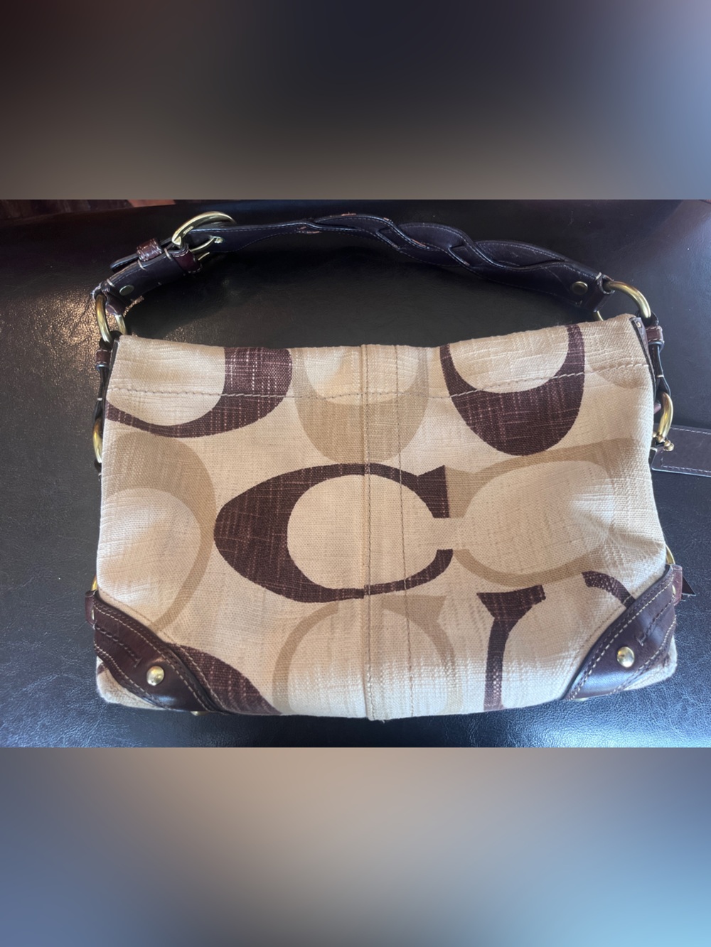 RARE Y2K Coach Carly Hobo 12197 Optic Signature Linen Brown 2008 Vintage